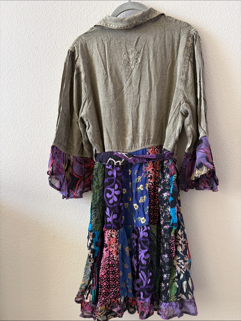 Boho Patchwork Long Sleeve Dress in Olive & Purple - Picture 11 of 11